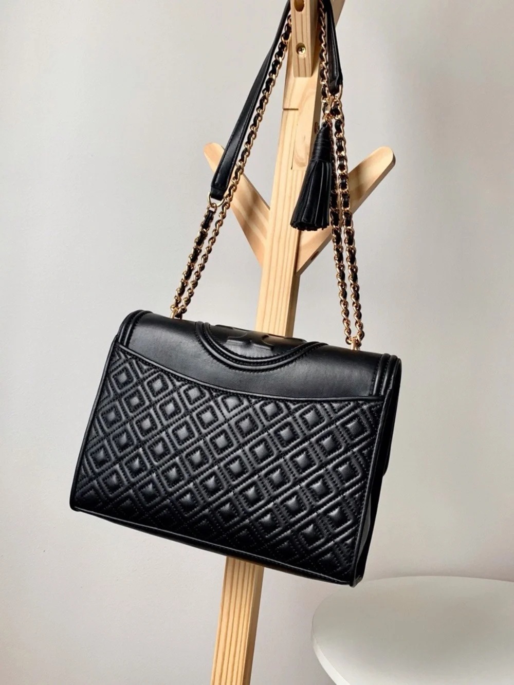 Tory Burch Black Quilted Leather Shoulder Bag with Chain Strap